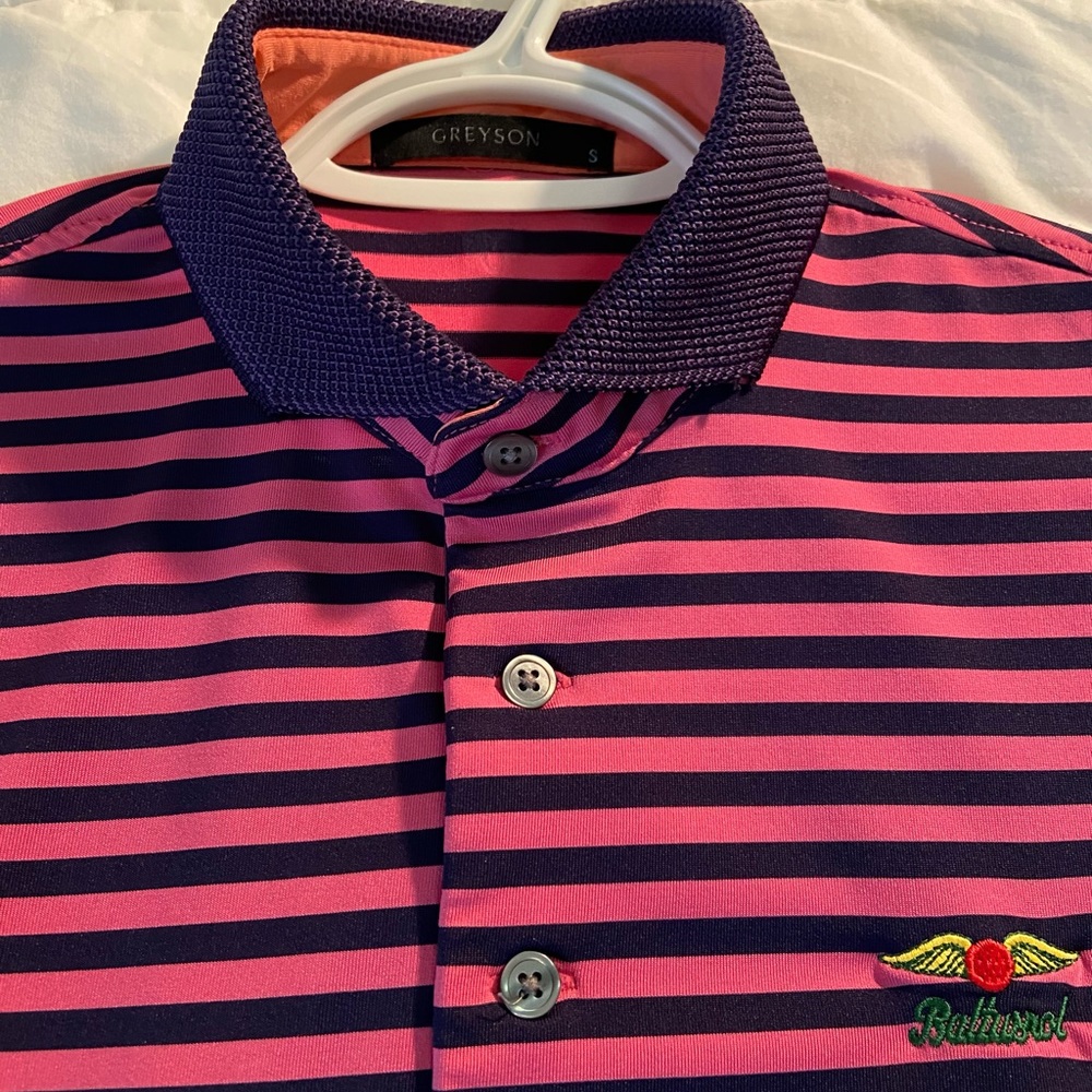 Greyson pink and navy gold polo